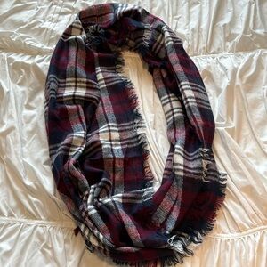 Infinity scarf maroon and navy white plaid fringe soft